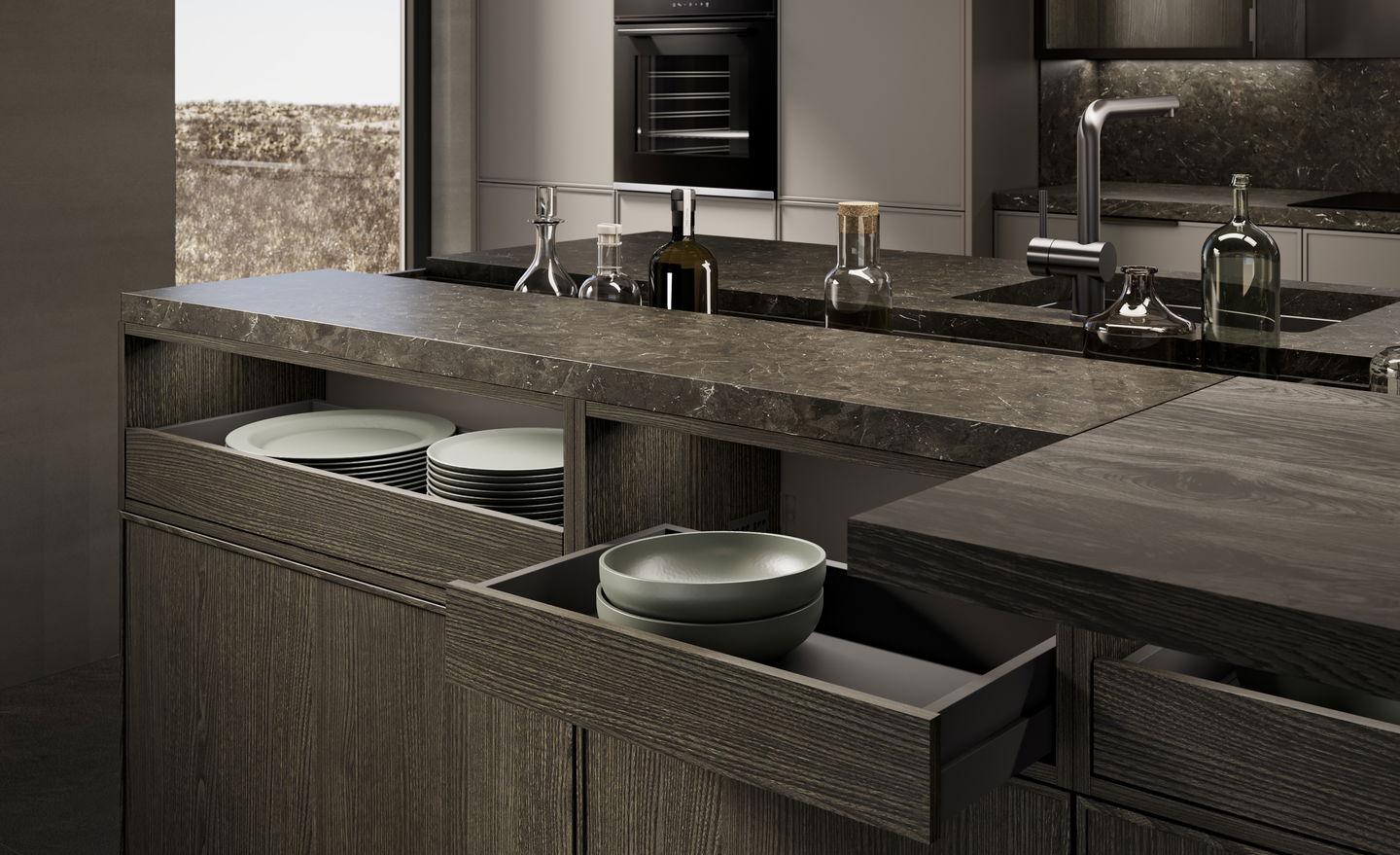 LEICHT-WAKUU-Kueche-Bronze-Metallic-Holz